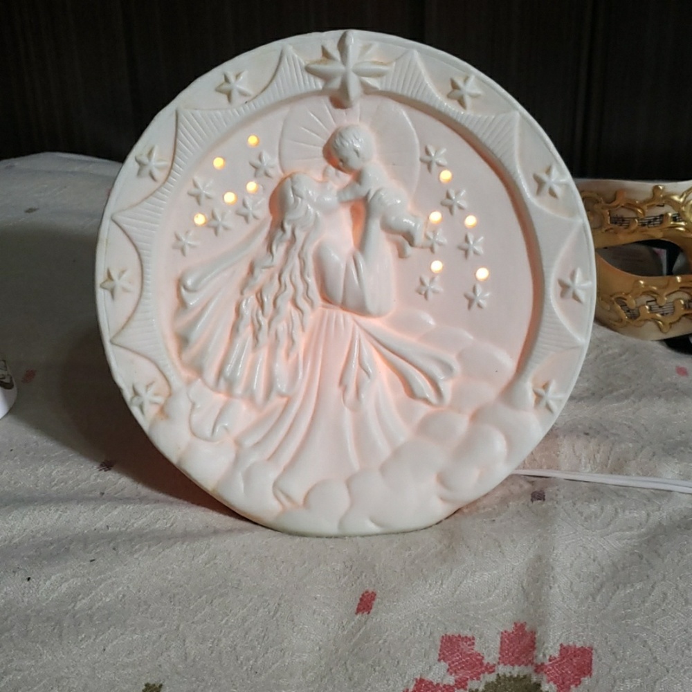 White porcelain light up mother and son figurine